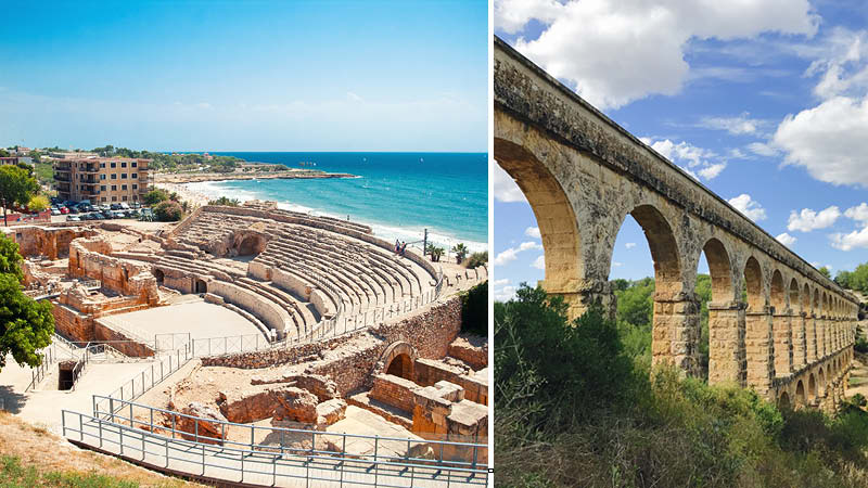 Den romerska staden Tarragona med ruiner som amfiteatern vid havet.